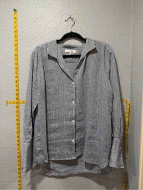 FRAME 90% Linen Navy Pinstripe Button Up Shirt Medium